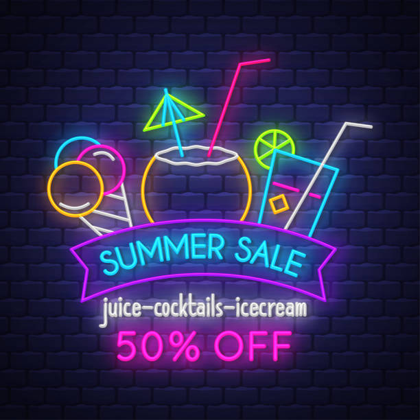 Summer sale banner for drinks. Neon sign lettering. Summer sale banner for drinks. Neon sign lettering. Vector neon sign ice cream stock illustrations