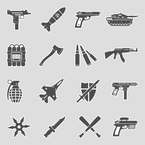 Weapons Icons. Sticker Design. Vector Illustration. Uzi, Shuriken, Weapons, Optics uzi submachine gun stock illustrations