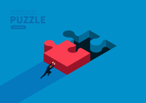 사업가가 올바른 위치에 퍼즐을 밀어 - puzzle jigsaw piece jigsaw puzzle absence stock illustrations