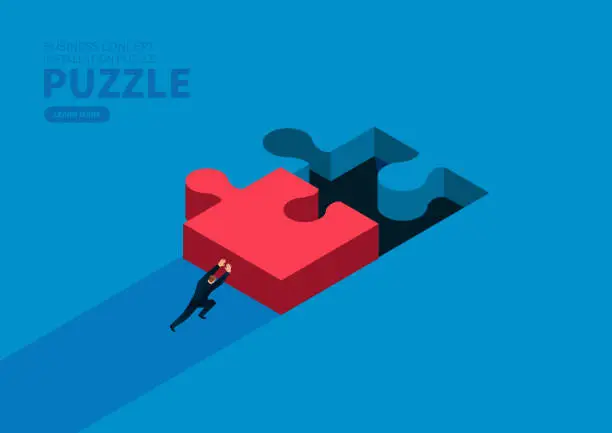 Vector illustration of Businessman pushes the puzzle to the right position