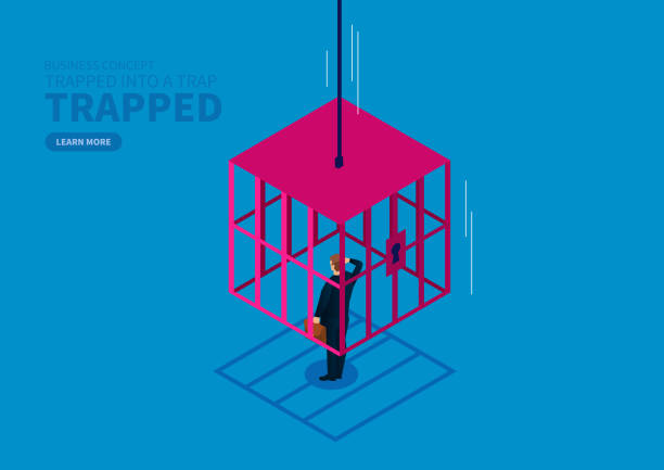 ilustrações de stock, clip art, desenhos animados e ícones de businessman is locked by the falling iron cage - claustrophobic