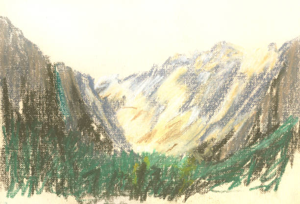 istock mountain landscape, pastel drawing mountains on the horizon 1157093238