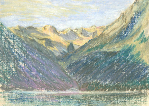istock mountain landscape, pastel drawing mountains on the horizon 1157093335