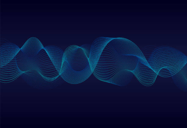 ilustrações de stock, clip art, desenhos animados e ícones de abstract wavy particles surface on dark blue background. soundwave of particles. music abstract background with 3d grid. vector eps10 - backdrop blue contemporary pattern