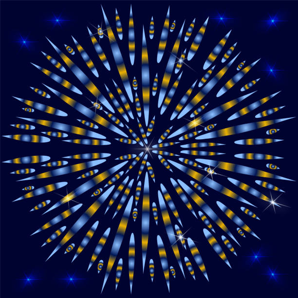 istock Snowflake with a gradient fill of light blue and yellow with stars on a dark blue background. Stylized snowflake to create a winter pattern or decoration for the New Year holidays. 1157094663