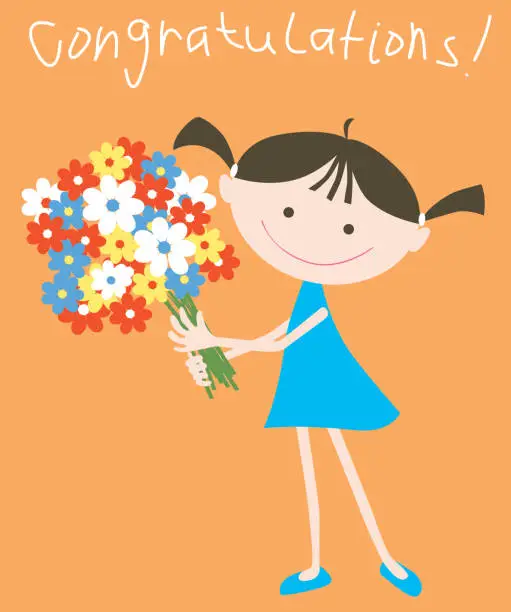 Vector illustration of A greeting card with a joyful little girl holding a big flowers bouquet