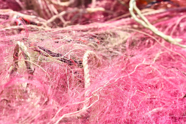 un grovigliò pasticcio di reti da pesca corda di plastica e altri detriti lavati su una spiaggia costiera. - commercial fishing net netting fishing striped foto e immagini stock