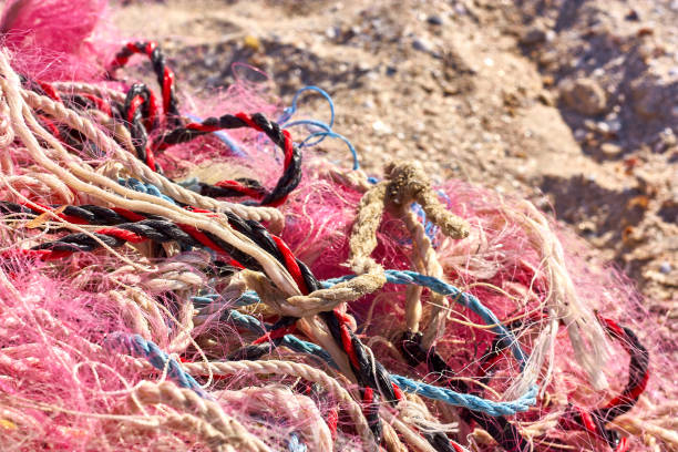 un enredado lío de redes de pesca cuerda de plástico y otros escombros lavados en una playa costera. - commercial fishing net netting fishing striped fotografías e imágenes de stock
