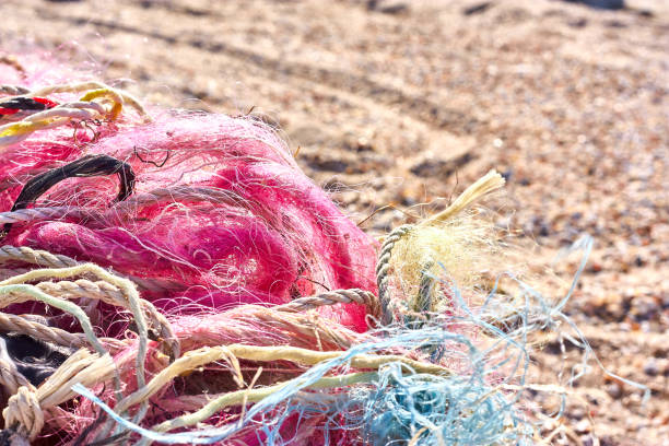 un grovigliò pasticcio di reti da pesca corda di plastica e altri detriti lavati su una spiaggia costiera. - commercial fishing net netting fishing striped foto e immagini stock