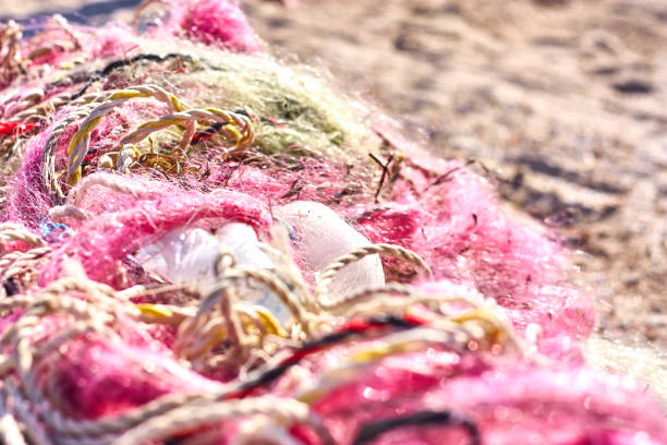 un enredado lío de redes de pesca cuerda de plástico y otros escombros lavados en una playa costera. - commercial fishing net netting fishing striped fotografías e imágenes de stock