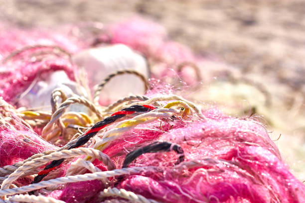 un enredado lío de redes de pesca cuerda de plástico y otros escombros lavados en una playa costera. - commercial fishing net netting fishing striped fotografías e imágenes de stock