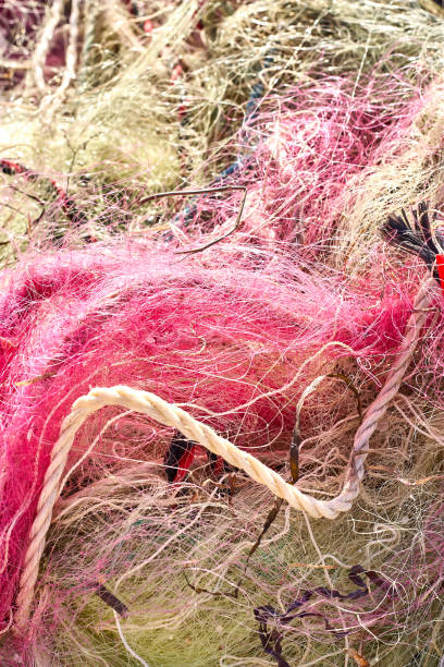 un enredado lío de redes de pesca cuerda de plástico y otros escombros lavados en una playa costera. - commercial fishing net netting fishing striped fotografías e imágenes de stock