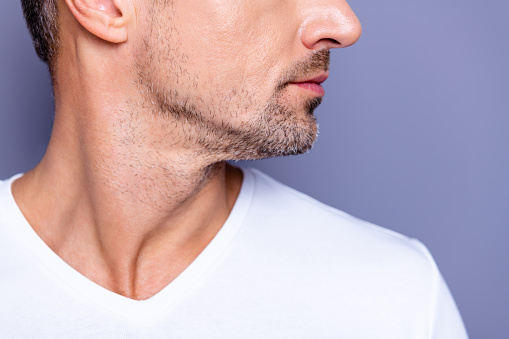 Cropped close up side profile photo amazing he him his middle age macho perfect, ideal appearance look show groomed neat stubble mustache wear casual white t-shirt isolated grey background