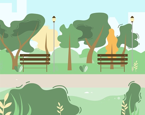 Town and City Park Scene with Green Trees, Bushes, Wooden Benches, Lantern and Walkside Cartoon. Skyscrapers and Buildings Silhouette on Background. Flat Style Vector Illustration. Nature Landscape