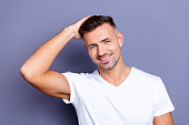 Close up photo amazing he him his middle age macho perfect appearance look bath mirror shower neat stubble ideal hairdress styling stylist salon wear casual white t-shirt isolated grey background