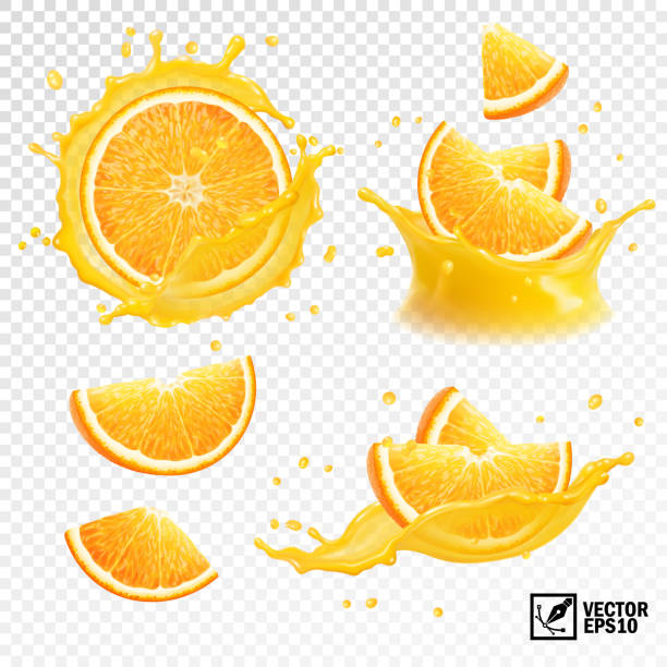 3D realistic set of isolated different vector splashes of orange juice with slices and slices of orange fruit 3D realistic set of isolated different vector splashes of orange juice with slices and slices of orange fruit orange color stock illustrations