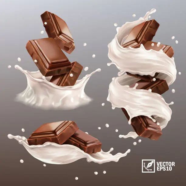 Vector illustration of 3D realistic vector set,splash of chocolate pieces in a spray of milk or yogurt, cocoa or coffee, swirl and drop