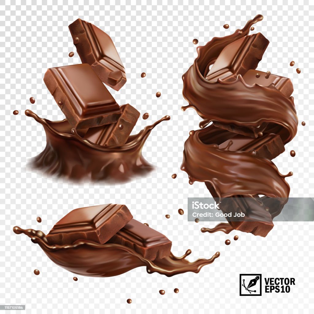 3D реалистичный векторный набор, горизонтальный и вертикальный всплеск шоколада, какао или кофе, кусочки шоколадной плитки, вихрь и капля - Векторная графика Шоколад роялти-фри