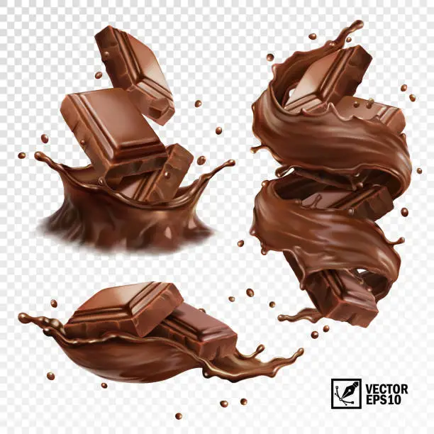 Vector illustration of 3D realistic vector set, horizontal and vertical splash of chocolate, cocoa or coffee, pieces of chocolate bar, swirl and drop