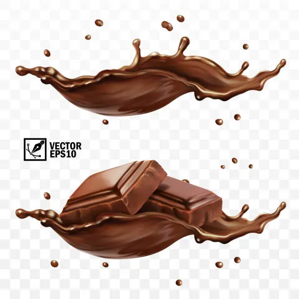 Vector illustration of 3D realistic vector set, horizontal splash of chocolate, cocoa or coffee, pieces of chocolate bar