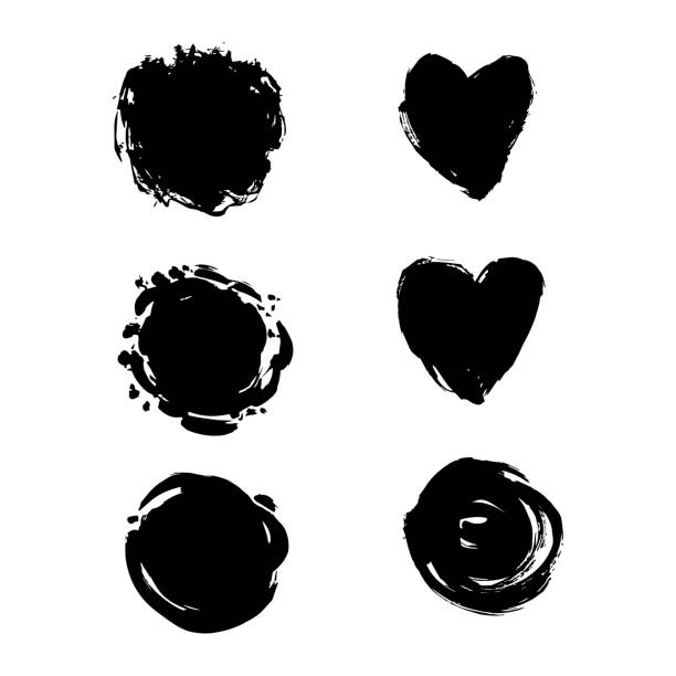 흰색 배경에 격리 된 검은 잉크 둥근 모양과 심장 모양. - taint stock illustrations