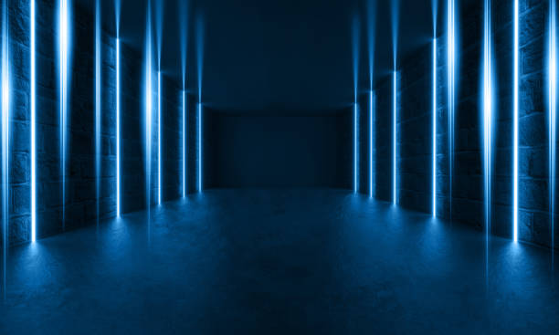 istock Futuristic Sci-Fi Modern Room With Stripes Shaped Blue Glowing Neon Lines. 1157110362