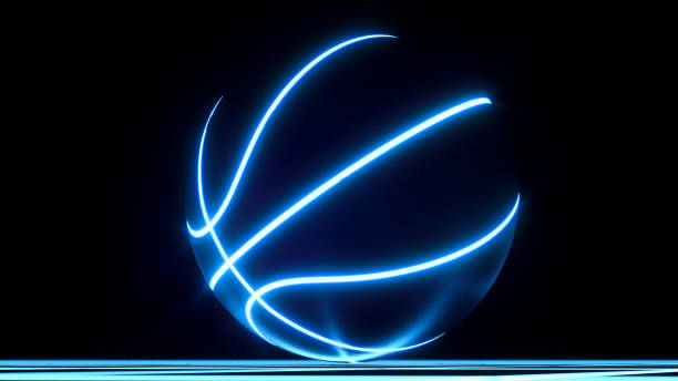 Blue neon basketball ball on crisscross pattern floor. Wallpaper 3D digital rendering of single blue neon basketball ball not moving on top of blue glowing crisscross pattern floor. For your flyer or webbanner courtyard stock pictures, royalty-free photos & images