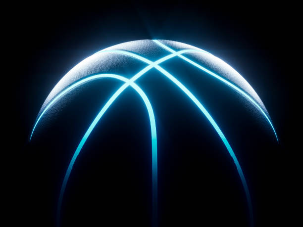3d rendering von futuristischem neon-basketball im dunkeln - basketball nobody sporting ball stock-fotos und bilder