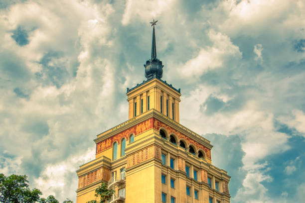 Prague June 20, 2019 - Hotel International Prague under sunny day and clouds with warm light hdr
