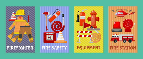 brandschutz-set von karten, banner vektor-illustration. feuerwehruniform und inventar. ausrüstung wie hydrantenhydrant, alarm, poller und feuerlöschstation. - index card flash stock-grafiken, -clipart, -cartoons und -symbole