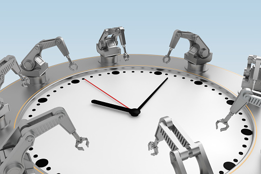 concept of working time hands of robots. 3d rendering
