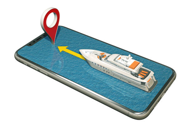 istock boat floats on the smartphone to marker pin 1157122663