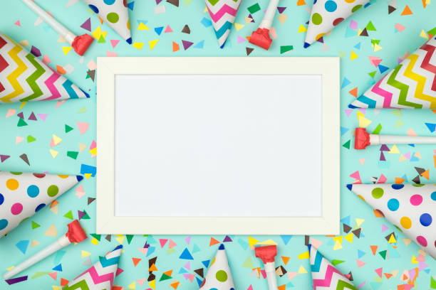 Flat lay decoration party concept on colored background White frame on colorful table top view. Mockup for planning birthday or party. Copy space for text. Flat lay. Festive greeting background birthday photos stock pictures, royalty-free photos & images
