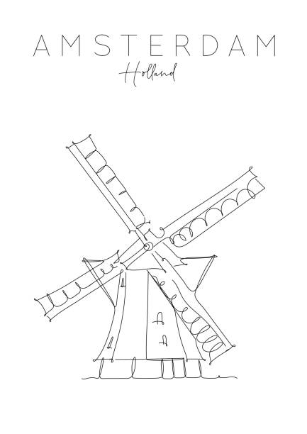 плакат голландия ветряная мельница - single line urban scene outdoors vertical stock illustrations