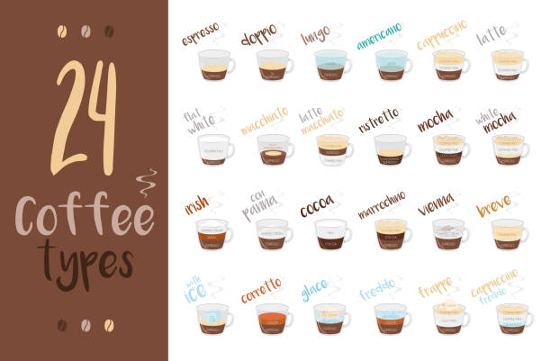 ilustraciones, imágenes clip art, dibujos animados e iconos de stock de conjunto de 24 tipos de café y su preparación en estilo de dibujos animados vector illustration - latté cafe macchiato cappuccino cocoa