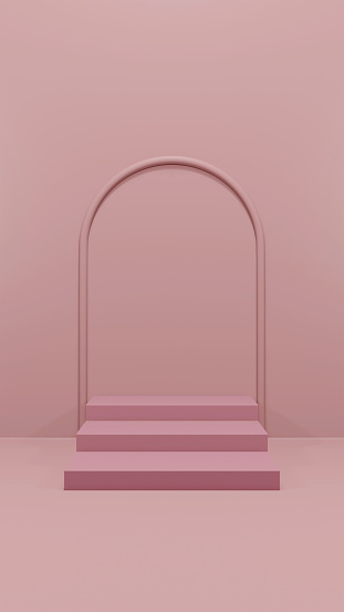 Arco rosa con escaleras en habitación rosa vacía, ilustración 3d realista. Ganadores vista frontal del podio, diseño interior conceptual con espacio vacío para el merchandising. photo