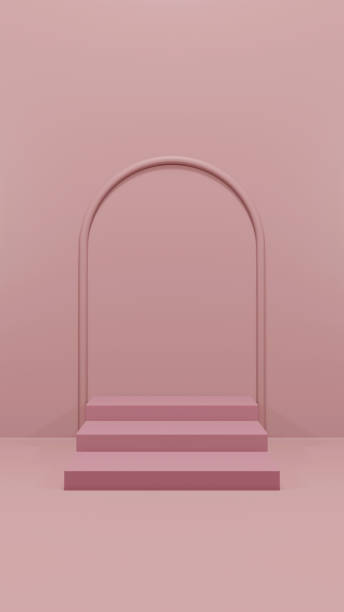 Pink arc with stairs in empty pink room, realistic 3d illustration. Winners podium front view, conceptual interior design with empty space for merchandising.