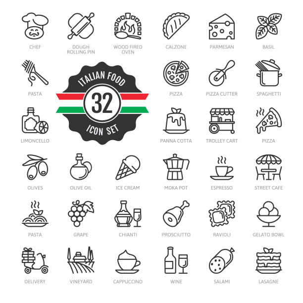 illustrazioni stock, clip art, cartoni animati e icone di tendenza di italia, cibo italiano, cucina italiana - set di icone web dalla linea sottile minima.  collezione icone contorno per menu, ristorante, caffetteria, pizzeria. - spaghetti crudi