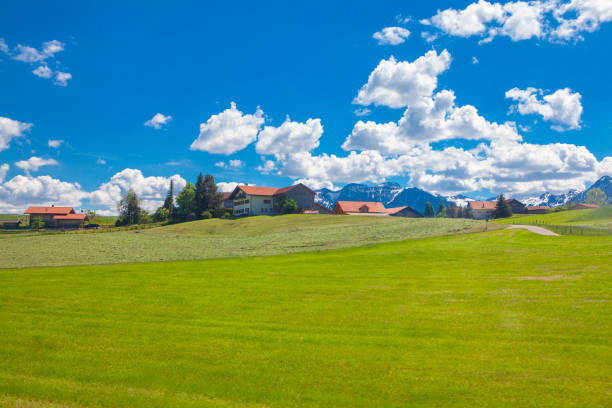 village on the green hill near Alps mountains