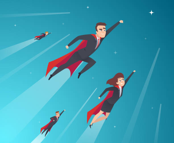 znaki koncepcji biznesowej. profesjonalny zespół pracujący potężnych superbohaterów w akcji stwarza wektorowe tło korporacyjne - superhero flying heroes business stock illustrations