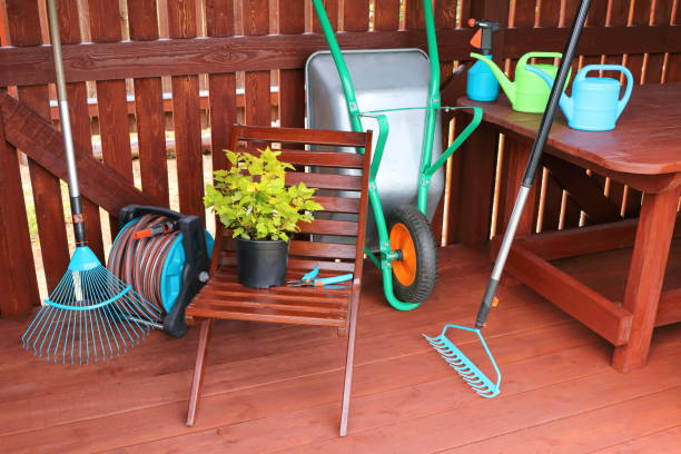 arbusto decorativo con equipamiento y herramientas de jardín. - cañón de agua fotografías e imágenes de stock