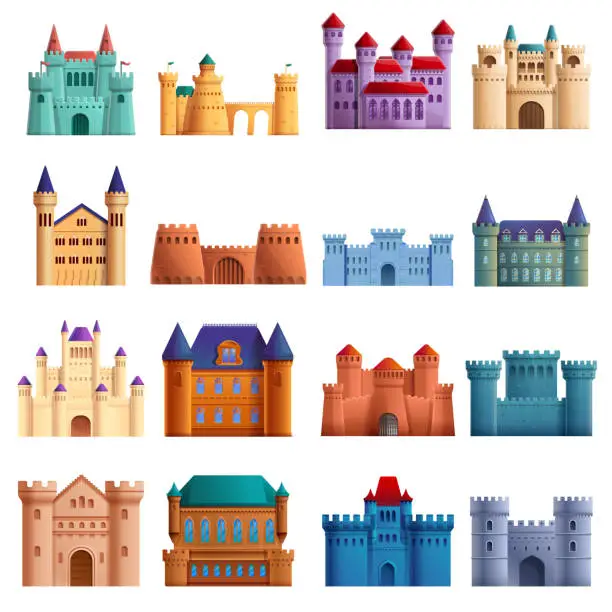Vector illustration of set of beautiful cartoons castles, vector illustration
