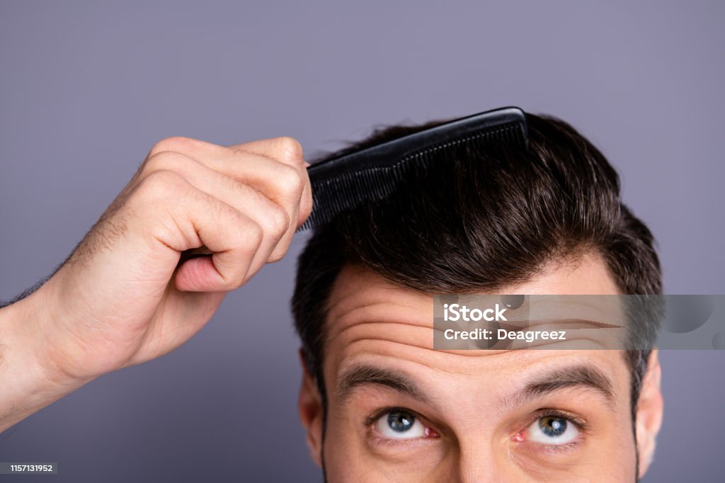 Cropped Close Up Photo Amazing He Him His Macho Hands Arms Plastic Hair  Styling Brush Take Care Hairdo Barber Shop Stylist Visit Look Up Process  Experiment Wear White Tshirt Isolated Grey Background