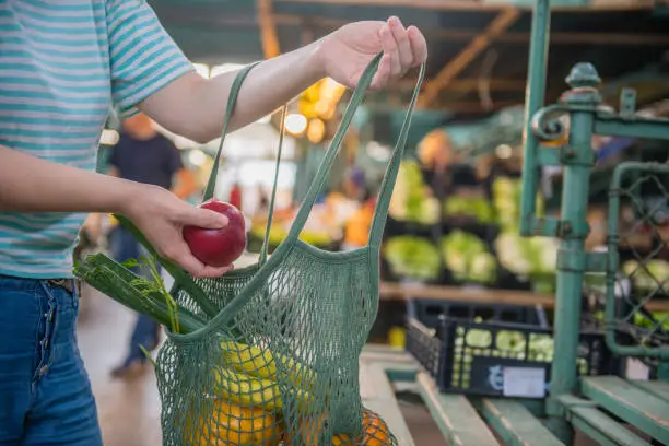 Photo of Fruits and Vegetables in a cotton mesh reusable bag, Zero Waste Shopping on Outdoors Market