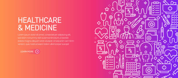 Healthcare and Medicine Banner Template with Line Icons. Modern vector illustration for Advertisement, Header, Website.