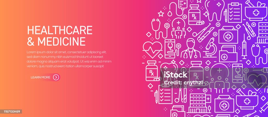 Healthcare and Medicine Banner Template with Line Icons. Modern vector illustration for Advertisement, Header, Website. Healthcare And Medicine stock vector
