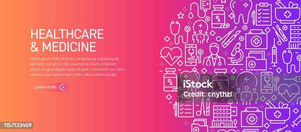 Healthcare And Medicine Banner Template With Line Icons Modern Vector Illustration For Advertisement Header Website Stock Illustration - Download Image Now