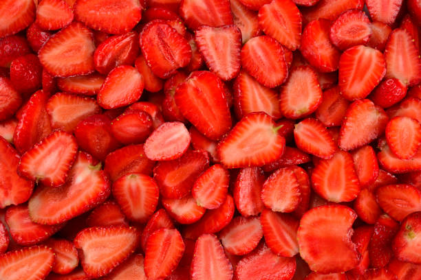 istock Strawberry slices. Fresh berries macro. Fruit background. Top view. 1157133799