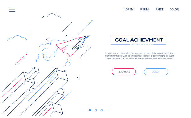 Goal achievement - line design style isometric web banner Goal achievement - line design style isometric web banner on white background with copy space for text. A header with businessman in a superhero cape flying. Leadership, motivation, ambition theme aspirations illustrations stock illustrations