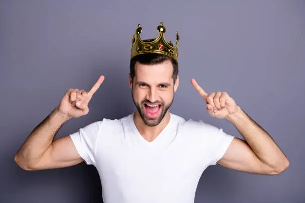 Portrait of funny funky lovely cheerful excited people person have gemstone ego crown feel, rejoice attractive enjoy party laughter dressed light-colored outfit isolated grey background